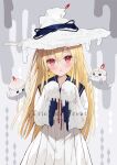  1girl blonde_hair candle_wax earrings english_text floating floating_object ghost halloween highres jewelry long_hair looking_at_viewer melting mirai_(mirai76_) open_mouth original red_eyes single_earring trick_or_treat white_headwear 