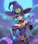 1girl bangs bare_shoulders bat_(animal) bewitching_cassiopeia black_dress black_headwear black_sclera book breasts cassiopeia_(league_of_legends) cleavage colored_sclera colored_skin detached_collar dress gem green_eyes green_hair hat lamia league_of_legends monster_girl moon phantom_ix_row photoshop_(medium) potion shiny shiny_hair short_hair smile solo tail witch_hat 