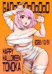  1girl background_text bandages bangs bob_cut breasts cleavage collarbone dated fingernails gao halloween happy_halloween highres large_breasts looking_at_viewer nail_polish naked_bandage navel open_mouth orange_background original pink_hair red_eyes red_nails solo souryu stomach thighs 