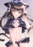  1girl :o animal_ear_fluff animal_ears bangs bikini bikini_under_clothes black_bikini black_capelet black_headwear blue_bow blush bow breasts brown_background brown_hair capelet cat_ears cat_girl cat_tail claw_pose commentary_request fang frilled_bikini frills gradient gradient_background grey_background hair_between_eyes hair_bow hand_up hat hat_bow highres kohinata_hoshimi long_hair looking_at_viewer medium_breasts nail_polish navel open_mouth original pink_bow purple_nails solo swimsuit tail two_side_up very_long_hair witch_hat yellow_eyes 