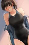  1girl amagami bangs black_eyes black_hair blush breasts closed_mouth commentary_request competition_swimsuit highres jacket looking_at_viewer medium_breasts one-piece_swimsuit open_clothes open_jacket ponytail simple_background smile solo swimsuit tsukahara_hibiki yoo_tenchi 
