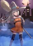  1girl bare_shoulders black_headwear black_thighhighs blush broom detached_sleeves dress feet_out_of_frame garugarubesu grey_hair halloween halloween_costume hat highres kantai_collection kasumi_(kancolle) long_hair looking_at_viewer open_mouth orange_dress side_ponytail solo thighhighs witch_hat yellow_eyes 