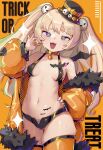  1girl alternate_costume azur_lane bache_(azur_lane) blonde_hair breasts candy choker cowboy_shot cross-shaped_pupils demon_wings fang food fur-trimmed_jacket fur_trim gyaru hand_on_hip hat highres holding holding_candy holding_food jacket long_hair micro_shorts midriff mini_hat mini_top_hat nail_polish nanami_kazuki navel off_shoulder purple_eyes revealing_clothes short_shorts shorts small_breasts smug sparkle sweatdrop thighhighs top_hat twintails very_long_hair wings yellow_jacket yellow_thighhighs 