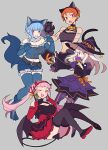  4girls alternate_costume animal_ears bangs bell belt black_dress black_eyes blue_hair blunt_bangs blush breasts candy cat_ears cat_tail claws cleavage cleavage_cutout clothing_cutout demon_horns demon_tail demon_wings do_m_kaeru dress fake_animal_ears fang fire_emblem fire_emblem:_three_houses food gloves halloween halloween_costume hat hilda_valentine_goneril horns large_breasts leonie_pinelli lollipop long_hair long_sleeves low_wings lysithea_von_ordelia marianne_von_edmund multicolored_clothes multicolored_dress multiple_girls navel neck_bell one_eye_closed open_mouth orange_eyes orange_hair pink_eyes pink_hair purple_dress red_dress short_hair shorts tail thighhighs thighs twintails white_hair wings witch_hat wolf_ears wolf_tail 