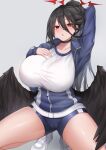  1girl absurdres bangs black_choker black_hair black_wings blue_archive blue_shorts blush breasts cameltoe choker collarbone deogho_(liujinzy9854) feathered_wings grey_background hair_between_eyes hasumi_(blue_archive) hasumi_(gym_uniform)_(blue_archive) highres jacket korean_commentary large_breasts long_hair open_mouth shirt shorts simple_background solo squatting thighs track_jacket white_footwear white_shirt wings 