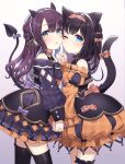  2girls animal_ear_fluff animal_ears ao_no_neko bare_shoulders black_dress black_hair black_thighhighs blue_eyes blush bow brown_hair cat_ears cat_girl cat_tail cheek-to-cheek closed_mouth commentary_request demon_girl demon_horns demon_tail diagonal_stripes dress gradient gradient_background grey_background hair_bow halloween hand_up heads_together highres holding_hands horns interlocked_fingers long_hair long_sleeves looking_at_viewer multiple_girls one_eye_closed orange_bow orange_dress original parted_lips polka_dot polka_dot_background puffy_long_sleeves puffy_sleeves purple_background purple_bow sleeves_past_wrists smile striped striped_background tail tail_bow tail_ornament tail_raised thighhighs very_long_hair 