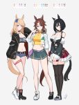  3girls animal_ears asymmetrical_footwear bandeau bangs bare_legs bare_shoulders black_choker black_footwear black_hair black_jacket black_thighhighs blonde_hair blue_bow blue_eyes blue_skirt boots bow breasts brown_hair choker cleavage commentary_request cutoffs denim denim_shorts eishin_flash_(umamusume) gold_city_(umamusume) grey_background grin hair_bow hand_up hayabusa highres horse_ears jacket juliet_sleeves large_breasts long_hair long_sleeves looking_at_viewer mejiro_palmer_(umamusume) midriff miniskirt mismatched_footwear multiple_girls navel open_clothes open_jacket puffy_sleeves red_skirt shirt short_shorts shorts simple_background skirt smile stomach strapless striped_bandeau tail thigh_strap thighhighs thighs tube_top umamusume v white_footwear white_jacket wide_sleeves yellow_shirt zettai_ryouiki 