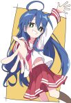  1girl ahoge blue_hair blush green_eyes ixy izumi_konata long_hair long_sleeves looking_at_viewer lucky_star mole mole_under_eye neckerchief red_neckerchief red_skirt school_uniform serafuku skirt smile solo thighs 