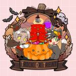  2boys animal_collar animal_costume ascot bat_(animal) black_hair candy candy_cane cape cerberus_(hades) chibi collar dark_skin dog fang food green_eyes hades_(game) halloween hat heterochromia ing0123 jack-o&#039;-lantern laurel_crown lollipop male_focus mini_hat mini_top_hat multiple_boys multiple_heads open_mouth red_eyes skull smile thanatos_(hades) top_hat trick_or_treat white_hair wolf_costume yellow_eyes zagreus_(hades) 