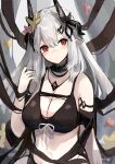  1girl :o andou_yuna arknights armlet bare_shoulders bikini black_bikini blush breasts cleavage collar flower grey_hair hair_flower hair_ornament highres horns infection_monitor_(arknights) jewelry large_breasts long_hair looking_at_viewer mudrock_(arknights) mudrock_(silent_night)_(arknights) navel necklace official_alternate_costume parted_lips pointy_ears red_eyes signature solo stomach swimsuit twitter_username upper_body yellow_flower 