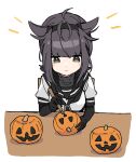  1girl ahoge black_bodysuit bodysuit brown_eyes brown_hair closed_mouth hachimaki hair_horns halloween hatsuzuki_(kancolle) headband highres holding holding_paintbrush jack-o&#039;-lantern kantai_collection paintbrush painting_(action) pumpkin sayuwan short_hair simple_background solo table white_background 