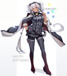  1girl black_gloves boots breasts buttons confetti dark-skinned_female dark_skin double-breasted full_body glasses gloves grey_footwear grey_hair hand_on_hip happy_birthday headgear highres kantai_collection kasumi_(skchkko) large_breasts long_hair long_sleeves looking_at_viewer musashi_(kancolle) one_eye_closed partially_fingerless_gloves red_eyes rigging rimless_eyewear simple_background solo thigh_boots very_long_hair white_background 