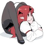  1girl ass breasts demon_tail flexible frogsnake from_side hand_on_own_cheek hand_on_own_face head_rest head_wings koakuma legs long_hair long_sleeves looking_ahead lying medium_breasts on_stomach pantyhose pointy_ears red_hair smile solo tail touhou wings 