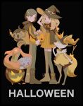  1boy 1girl absurdres adapted_costume arm_up asagiri_kogen bangs blonde_hair boots braixen calem_(pokemon) candy candy_wrapper closed_mouth commentary espurr eyewear_on_headwear food gourgeist halloween hat highres jack-o&#039;-lantern long_hair pants phantump pleated_skirt pokemon pokemon_(creature) pokemon_(game) pokemon_xy serena_(pokemon) short_hair skirt standing sunglasses sweatdrop symbol-only_commentary thighhighs witch_hat 