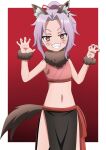  1girl animal_ears belly claw_pose eyelashes fake_animal_ears fingernails halloween halloween_costume highres kunoichi_tsubaki_no_mune_no_uchi looking_at_viewer navel red_background riokasen sazanka_(kunoichi_tsubaki_no_mune_no_uchi) sharp_teeth solo tail teeth thighs werewolf_costume wolf_ears wolf_tail 