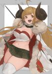  1girl ahoge anila_(granblue_fantasy) artist_name bangs black_skirt blonde_hair blunt_bangs breasts cleavage coat cowboy_shot detached_collar draph eyelashes fur_coat gloves granblue_fantasy highres horns large_breasts large_horns long_hair looking_at_viewer miniskirt n9+ navel open_mouth pleated_skirt pointy_ears simple_background skirt smile solo stomach teeth thighhighs upper_teeth white_gloves yellow_eyes 