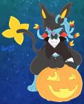  balls eeveelution feral food fruit generation_4_pokemon generation_6_pokemon genitals halloween hi_res holidays hybrid luxray male nintendo plant pokemon pokemon_(species) pumpkin pyxelyart_(artist) sanas smile smirk solo sylveon vampire video_games 