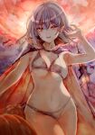  1girl :d absurdres bikini breasts cape fang full_moon highres kamu_kotan looking_at_viewer medium_breasts moon navel night night_sky no_headwear outdoors pumpkin red_sky remilia_scarlet revealing_clothes scarlet_devil_mansion skin_fang sky smile solo swimsuit touhou 