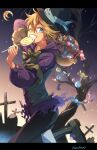  1boy absurdres artist_name black_clover blonde_hair blue_eyes candy food graveyard halloween_costume hat highres holding holding_candy holding_food luck_voltia nac_tw one_eye_closed smile solo tombstone top_hat 