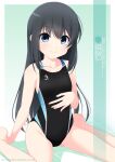  1girl artist_name asashio_(kancolle) black_hair black_one-piece_swimsuit blue_eyes character_name competition_swimsuit flat_chest highres inaba_shiki kantai_collection long_hair looking_at_viewer multicolored_clothes multicolored_swimsuit one-hour_drawing_challenge one-piece_swimsuit sitting solo swimsuit wariza 