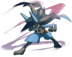 blurry cape closed_mouth commentary_request full_body hat hatted_pokemon highres legs_apart looking_at_viewer lucario morio_(poke_orio) pokemon pokemon_(creature) red_eyes smile solo white_background 