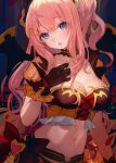  1girl bangs bare_shoulders blue_eyes blush breasts cleavage demon_girl demon_horns halloween_costume highres horns large_breasts long_hair looking_at_viewer open_mouth princess_connect! side_ponytail sidelocks solo suzuna_(halloween)_(princess_connect!) suzuna_(princess_connect!) takeashiro 