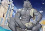  anthro blaidd_(elden_ring) blue_eyes canid canine canis elden_ring fangs fountain fromsoftware male mammal mumu202 muscular muscular_male scar sculpture solo statue towel video_games wolf 