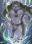  1boy abs absurdres ainu_clothes animal_ears animal_nose bandaged_foot bandages bara chest_hair commentary_request energy full_body furry furry_male gakuran glowing grey_fur grey_hair headband highres horkeu_kamui ice jacket jacket_on_shoulders large_pectorals male_focus muscular muscular_male nipples no_shirt partial_commentary pectorals pelvic_curtain rakuta_(r_akuta) school_uniform short_hair snout solo tail tokyo_afterschool_summoners two-tone_fur white_fur wolf_boy wolf_ears wolf_tail yellow_eyes 