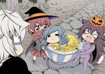  1boy 3girls :3 animal_ears cape fang food halloween halloween_costume hat hidefu_kitayan highres imaizumi_kagerou jack-o&#039;-lantern long_hair morichika_rinnosuke multiple_girls open_mouth pumpkin pumpkin_hat sekibanki solid_oval_eyes tail tempura touhou wakasagihime witch witch_hat wolf_ears wolf_tail 