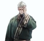  bandages blind blood blood_on_clothes blood_on_face green_robe hand_on_own_face highres jigokuraku looking_at_viewer robe scar scar_across_eye short_hair simple_background solo spiked_hair ushi_424 white_background white_eyes white_hair wristband yamada_asaemon_shion 
