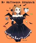  1girl arms_behind_back bare_shoulders bat_(animal) black_choker black_dress blush boku_no_hero_academia brown_eyes brown_hair candy choker collarbone demon demon_costume demon_girl demon_horns demon_tail demon_wings dress food halloween halloween_costume highres horns jel_ieta lollipop orange_background simple_background solo tail twitter_username uraraka_ochako wings 