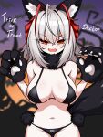  1girl :d absurdres animal_ear_fluff animal_ears animal_hands antenna_hair arknights bare_shoulders bikini black_bikini blurry blurry_background blush breasts claws cleavage clothes_writing cowboy_shot depth_of_field english_text fang fur_collar gloves grey_hair halloween highres kemonomimi_mode kimofest large_breasts long_hair looking_back multicolored_hair navel open_mouth paw_gloves red_hair skin_fang smile solo stomach swimsuit tail two-tone_hair v_arms w_(arknights) 