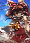  1girl ascot bangs blue_sky bow brown_eyes brown_hair closed_mouth cloud commentary_request cowboy_shot creeper_(gametime) day detached_sleeves dust frilled_bow frilled_hair_tubes frills hair_between_eyes hair_bow hair_tubes hakurei_reimu hand_up highres long_hair looking_at_viewer outdoors red_bow red_skirt red_vest ribbon-trimmed_sleeves ribbon_trim scarf skirt sky solo touhou vest white_sleeves yellow_ascot 