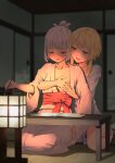  2girls :d bangs barefoot black_panties blonde_hair blurry blurry_background blush breast_grab breasts brown_eyes closed_eyes collarbone commentary_request depth_of_field funyariko genshin_impact grabbing grabbing_from_behind grey_hair hair_between_eyes highres holding holding_paintbrush indoors japanese_clothes kamisato_ayaka kimono lantern long_hair lumine_(genshin_impact) multiple_girls no_shoes nose_blush obi on_floor paintbrush panties ponytail sash seiza sitting small_breasts smile socks table tatami underwear white_kimono white_socks yuri 