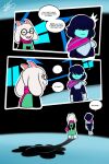  3_panel_comic anthro armor black_hair blue_body blue_skin bovid caprine clothing curved_horn deltarune dialogue dialogue_box duo english_text fangs floppy_ears freckles_(artist) fur goat hair hair_over_eyes horn human humor kris_(deltarune) male male/male mammal monster open_mouth open_smile ralsei scarf smile text tunic undertale_(series) video_games white_body white_fur wide_eyed 
