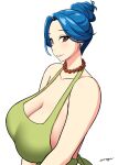  apron bangs bare_shoulders blue_hair breasts brown_eyes cleavage collarbone crossed_arms earrings hair_bun highres huge_breasts jewelry lipstick makeup marge_simpson naked_apron necklace signature simple_background smile someguu teeth the_simpsons upper_teeth white_background 