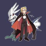  1boy ahoge alternate_costume ascot black_cape black_footwear black_pants black_vest blonde_hair buttons cape commentary_request daifuku_(pokefuka_art) dated ear_piercing gladion_(pokemon) green_eyes hand_up long_sleeves male_focus pants piercing pokemon pokemon_(creature) pokemon_(game) pokemon_sm shirt shoes short_hair silvally standing vest white_ascot white_shirt 
