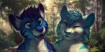  2020 2:1 anthro blue_body blue_eyes blue_fur blue_hair blurred_background closed_smile dated duo eyes_closed fangs felid forest fur glistening glistening_eyes hair happy male mammal mouth_closed mylafox outside pantherine plant short_hair shrub signature striped_body striped_fur stripes text tiger tree url whiskers white_body white_fur 