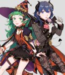  2girls absurdres alternate_costume ascot bangs black_dress black_headwear black_jacket black_pantyhose black_shorts black_suit blazer blue_eyes blue_hair blunt_bangs braid broom byleth_(fire_emblem) byleth_(fire_emblem)_(female) byleth_(fire_emblem)_(male) byleth_(fire_emblem)_(male)_(cosplay) candy commentary_request cosplay demon_horns demon_tail dress fake_horns fake_tail fire_emblem fire_emblem:_three_houses fire_emblem_heroes food formal gloves green_eyes green_hair grey_background hair_between_eyes halloween halloween_costume hat highres holding holding_broom holding_candy holding_food holding_lollipop horns jacket lollipop long_hair long_sleeves looking_at_viewer messy_hair multicolored_clothes multicolored_dress multiple_girls official_alternate_costume open_clothes open_jacket open_mouth orange_dress pantyhose peach11_01 pink_ascot pointy_ears puffy_short_sleeves puffy_sleeves short_shorts short_sleeves shorts simple_background smile sothis_(fire_emblem) striped striped_jacket suit tail twin_braids twitter_username very_long_hair white_gloves witch witch_hat 