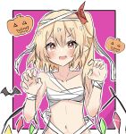  1girl bandaged_arm bandaged_head bandages bat_(animal) blush border breasts claw_pose collar commentary_request fang flandre_scarlet halloween_costume highres jack-o&#039;-lantern medium_hair mummy mummy_costume naked_bandage navel nono54558 open_mouth pink_background pointy_ears red_eyes side_ponytail simple_background sketch small_breasts solo touhou upper_body white_border 