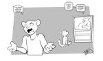  anthro clothing dialogue dialogue_box dot_eyes duo english_text felid freckles_(artist) greyscale hi_res humor inflation male male/male mammal monochrome open_mouth open_smile pantherine shirt simple_background smile t-shirt television text tongue tongue_out topwear wide_eyed 