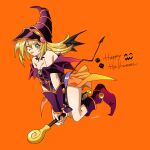  1girl 203wolves bat_wings blonde_hair blush_stickers breasts dark_magician_girl green_eyes happy_halloween highres magical_girl one_eye_closed orange_background purple_footwear simple_background solo tongue tongue_out wings yu-gi-oh! yu-gi-oh!_duel_monsters 