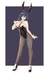  1girl alternate_costume blue_eyes breasts byleth_(fire_emblem) byleth_(fire_emblem)_(female) cleavage fire_emblem fire_emblem:_three_houses full_body halloween halloween_costume high_heels highres large_breasts leotard medium_hair necktie pantyhose playboy_bunny pomelomelon solo 