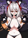  1girl :d absurdres animal_ear_fluff animal_ears animal_hands antenna_hair arknights bare_shoulders bikini black_bikini blurry blurry_background blush breasts claws cleavage clothes_writing cowboy_shot depth_of_field english_text fang gloves grey_hair halloween highres kemonomimi_mode kimofest large_breasts long_hair looking_back multicolored_hair navel open_mouth paw_gloves red_hair skin_fang smile solo stomach swimsuit tail two-tone_hair v_arms w_(arknights) 