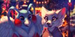 2020 2:1 anthro avian black_nose blue_body blue_eyes blurred_background canid clothed clothing dated duo female front_view fur glistening glistening_eyes happy head_tuft hoodie mammal mylafox open_mouth open_smile red_clothing red_topwear smile snow snowing street_lamp topwear tuft white_beak white_body white_fur yellow_eyes 