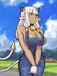  1girl animal_ears ash_(fire_emblem) bangs bare_shoulders bell black_horns blue_overalls blush breasts cleavage cow_ears cow_girl cow_horns cowbell dark-skinned_female dark_skin earrings fire_emblem fire_emblem_heroes gloves highres horns jewelry large_breasts long_hair mnejing30 naked_overalls official_alternate_costume overalls sideboob solo tail white_gloves white_hair 