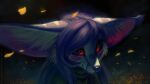  16:9 2020 anthro artist_name big_ears black_clothing black_sclera black_topwear blue_body blue_fur blue_hair bust_portrait canid canine clothed clothing dated female fennec fox fur glowing glowing_eyes hair hi_res jewelry leaf mammal mouth_closed mylafox mylafox_(character) necklace portrait red_eyes signature simple_background solo text topwear url white_body white_fur widescreen 