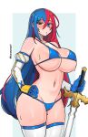  1girl adapted_costume alear_(fire_emblem) alear_(fire_emblem)_(female) bangs bikini blue_bikini blue_eyes blue_hair blush breasts cleavage crossed_bangs fire_emblem fire_emblem_engage gloves heterochromia highres kuromaruart large_breasts liberation_(fire_emblem) long_hair looking_at_viewer multicolored_hair navel puffy_sleeves pussy_juice pussy_juice_drip_through_clothes red_eyes red_hair solo split-color_hair sweat swimsuit thick_thighs thighhighs thighs two-tone_hair very_long_hair weapon 