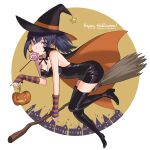  1girl blue_eyes blue_hair boots broom broom_riding candy earrings food halloween halloween_costume hat highres holding holding_broom jewelry large_hat leona_heidern lollipop ponytail pumpkin sakura_mafumi short_ponytail solo the_king_of_fighters thigh_boots witch witch_hat 