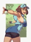  1girl ace_trainer_(pokemon) bare_legs bike_shorts blue_hoodie breasts brown_eyes brown_hair fingerless_gloves gloves highres hood hoodie large_breasts lips medium_hair no_bra poke_ball poke_ball_(basic) pokemon pokemon_(game) pokemon_sm riz sideboob skindentation solo visor_cap 